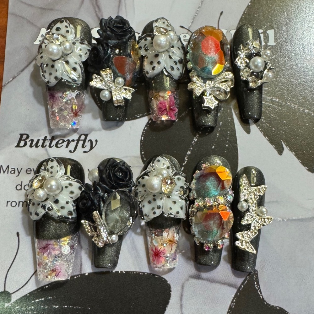 Press On Nails Gothic Lolita Floral Jewel Embellished Handmade False‎ Nails
